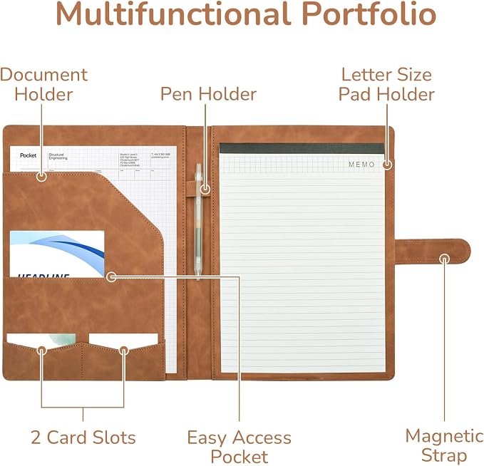 VANRA Padfolio Portfolio Binder Faux Leather Interview Resume Folder with Notepad, Document Organizer Card Holder, Letter-Sized Notepad Portfolio Organizer for Business School Office (Brown)