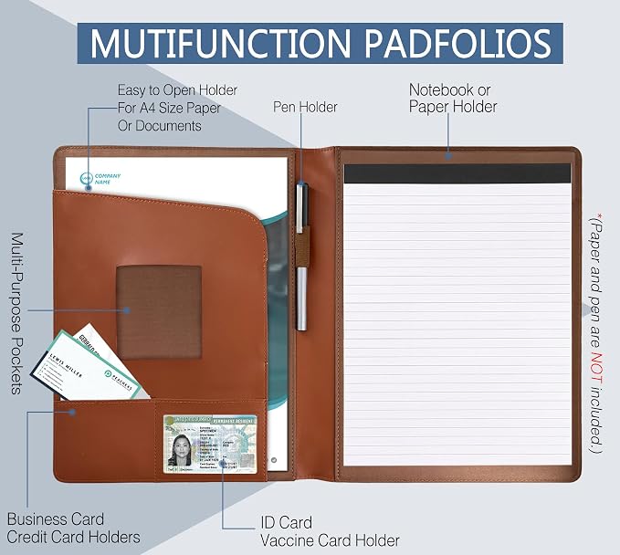Padfolio Portfolio Folder Portfolio Organizer for A4 Size Pad - Faux Leather Folder with Storage Pocket, Card Holders & Pen Loop for Business Meeting, Office, Student (Brown)