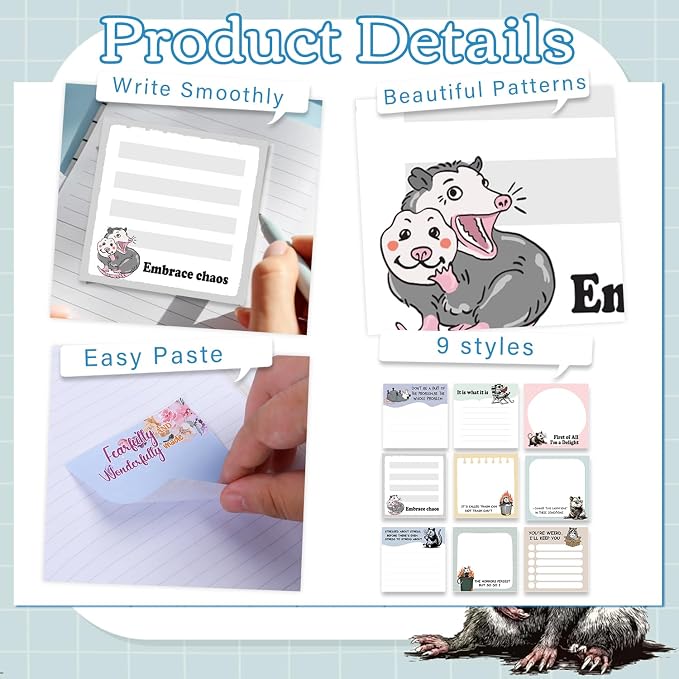 Funny Sticky Notes Gifts - 9 Pack Funny Opossum Notepads 3x3 Inches for Students Coworkers, Opossum Gag Gifts for Women Men, Animal Themed Memo Pads School Office Supplies (450 Sheets)