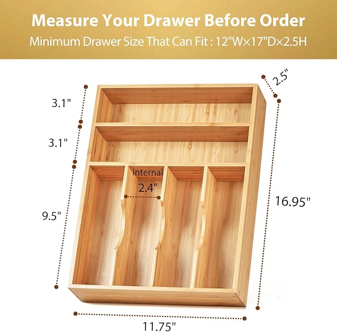 Kitchen Drawer Organizer, 12 Inch Silverware Utensil Tray Holder, Extra Deep, with Non-Slip Feet & Grooved Drawer Divider, 6 Slots Total Bamboo Wood Caddy for Flatware Cutlery Knives
