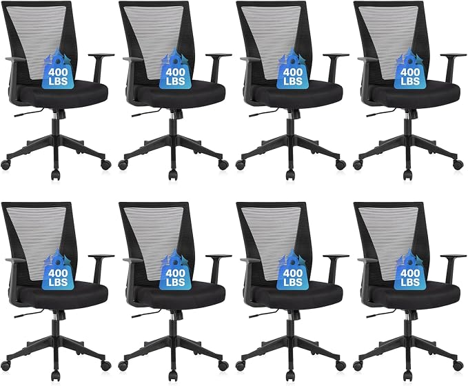 CLATINA Big and Tall Office Chair, Heavy Duty Ergonomic Mesh Computer Desk Chair with Armrests, Adjustable Height Rolling Swivel Mid Back Executive Task Chairs for Home Office Conference, Black, 8Pack