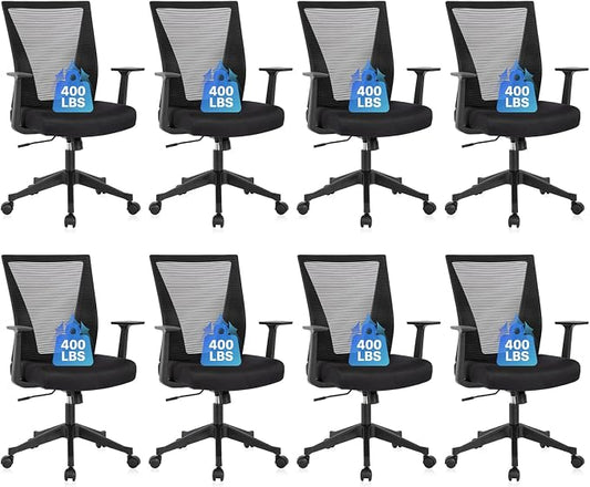 CLATINA Big and Tall Office Chair, Heavy Duty Ergonomic Mesh Computer Desk Chair with Armrests, Adjustable Height Rolling Swivel Mid Back Executive Task Chairs for Home Office Conference, Black, 8Pack