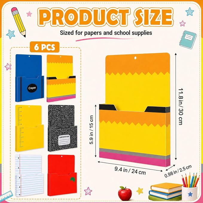 Gilprop 6 Pcs Assorted School Style Magnetic File Folder Holder Pocket File Organizer Classroom Decor Teacher Desk Accessories for Whiteboard Mail Paper Book No Drilling Desk Door Classroom Essential
