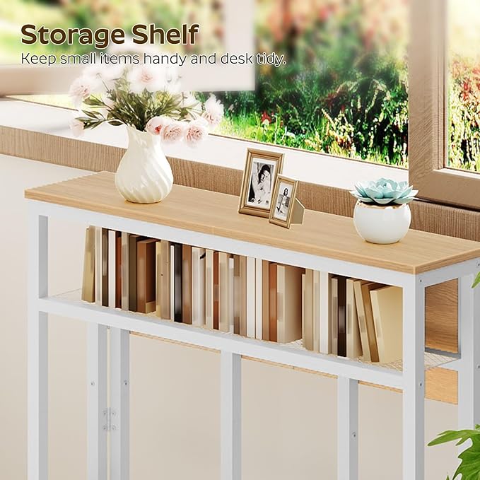 Folding Computer Desk with Storage Shelf, 25.2" Rolling Folding Desk with Wheels, for Small Spaces, Living Room, Bedroom, Office, White and Natural DN08WN