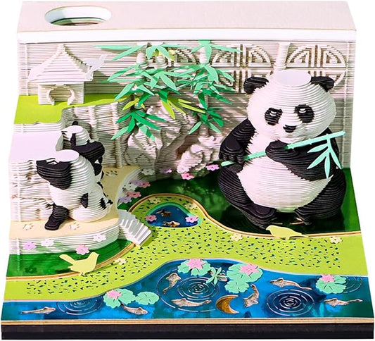 3D Art Calendar Memo Pad 2026, Tear Away 3D Paper Carving Time Piece Calendar Notepad Creative DIY Note,Bamboo Garden Panda