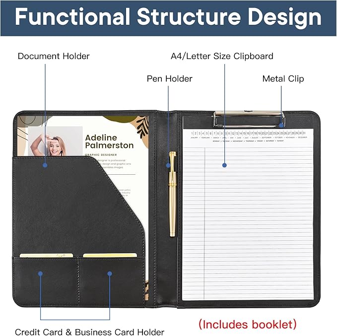 OOWOLF Padfolio with Clipboard Portfolio Binder for Resume, Legal Document, Business Office Conference, Legal Pad Portfolio Folder for A4 Letter Size Notepad, 8.5 x 11 inch, with 1 Ruled Notebook