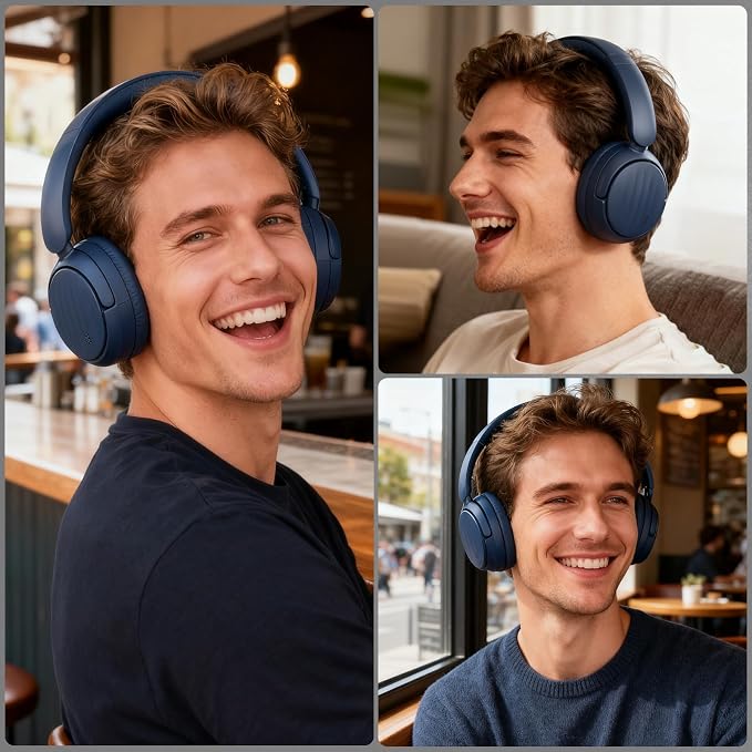 Bluetooth Headphones with Active Noise Cancelling (ANC), Wireless Over Ear Bluetooth Headsets with 35H Playtime, HiFi Stereo Foldable Headphones with Foam Ear Cups for Sports, Travel, Blue
