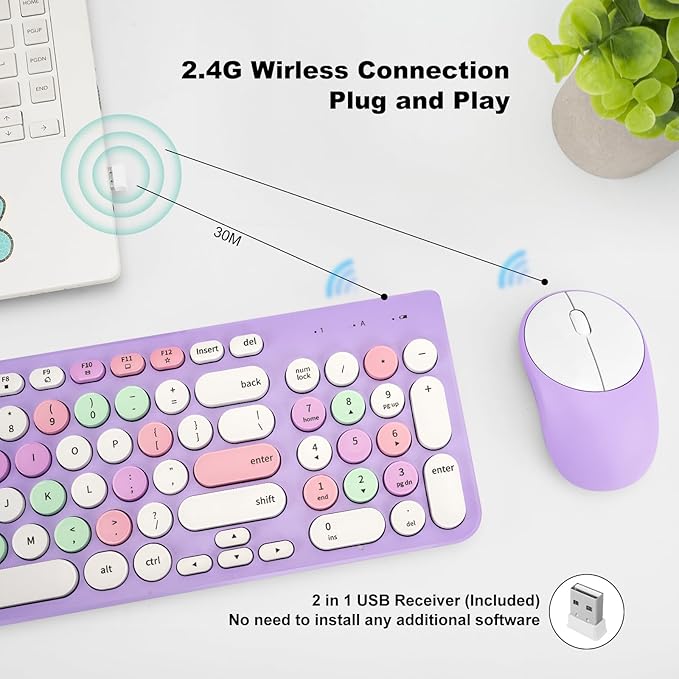 Wireless Keyboard and Mouse Combo, Retro Typewriter Keyboard with Round Keycaps, 2.4GHz USB Cute Wireless Keyboard Mouse for Computer, Desktop, Laptop (Purple Colorful)