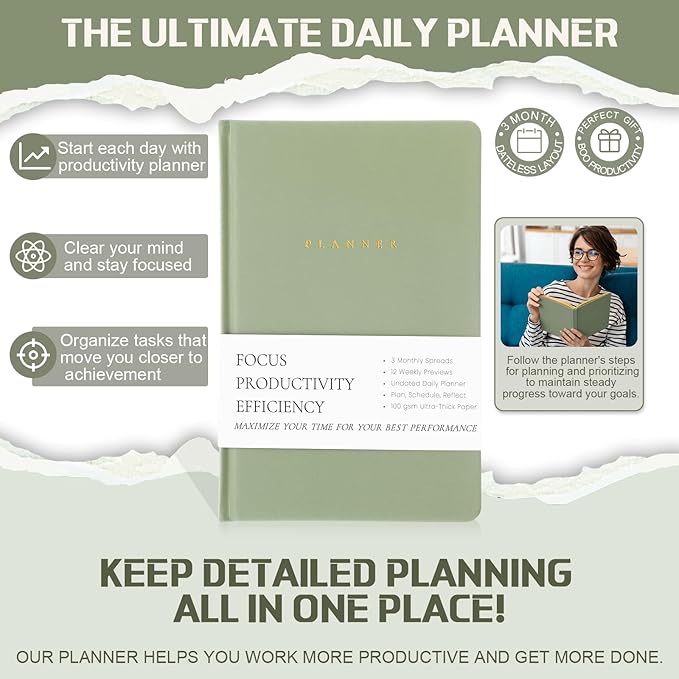 Productivity 3-month Planner Undated Daily Weekly Monthly Planner with Hardcover, Setting Guided Journal for Time Management, Habit Tracking, Self Care & Organization(Green)