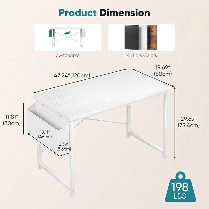 OLIXIS Computer Desk, 47 Inch Home Office Desks for Small Spaces, Writing Craft Study Gaming Table for Bedroom, Modern Computer Workstation with Storage Bag and Headphone Hook, White