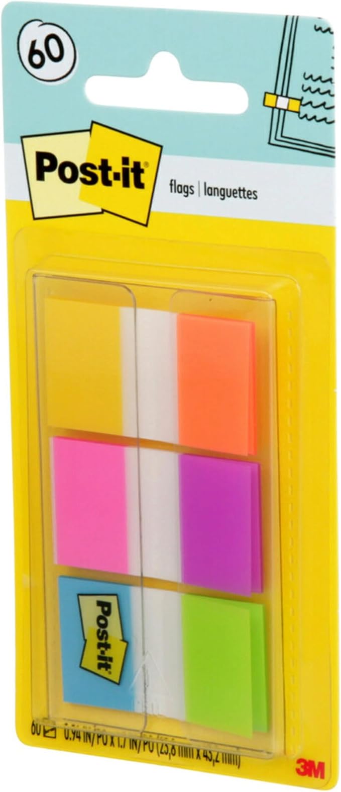 Post-it Flags, 0.94 in. x 1.7 in., One Dispenser with 20-Count Sticky Tabs in Alternating Colors (60 Flags Total), Removable Page Markers for Planners, Journals, and Calendars