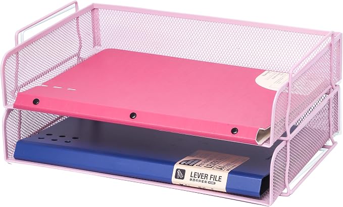 2 Pack Stackable Desk Paper Tray, Metal Mesh Desktop Document Letter File Organizer for Office Home School, 13.5'' L x 9.75'' W x 5.5'' H, Pink