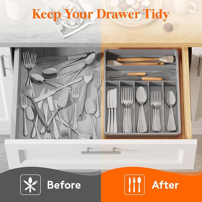 Lifewit Silverware Drawer Organizer Tray, Plastic Cutlery Storage for Kitchen, Flatware and Utensil Holder Divider for Spoons Forks Knives Tableware, 12.3 x 16", 7 Slots, Gray