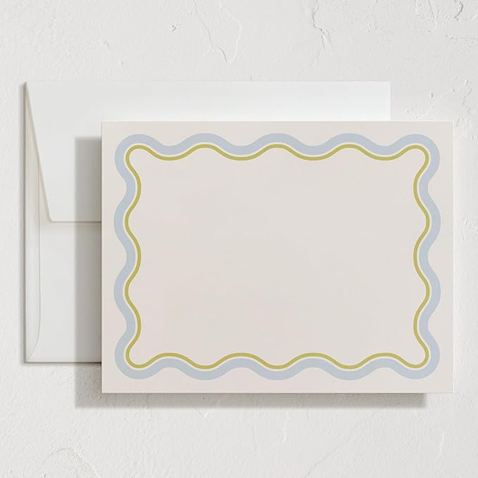 Minted Squiggled Stationery Set, Set of 10, Flat Note Cards & Envelopes for Invitiations and Handwritten Thank You Messages, Pale Blue & Chartreuse Border, Gifts for Men and Women, Luxurious Paper