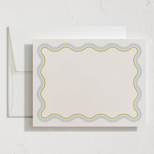 Minted Squiggled Stationery Set, Set of 10, Flat Note Cards & Envelopes for Invitiations and Handwritten Thank You Messages, Pale Blue & Chartreuse Border, Gifts for Men and Women, Luxurious Paper