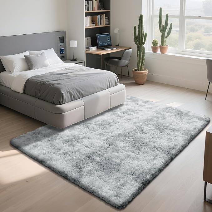 Fluffy Rug Shag Area Rug, Mottling Grey 4x6 Area Rugs for Bedroom, Small Bedside Rug, Soft Fluffy Shag Entryway Throw Rugs for Living Room Bedroom Room Home Decor