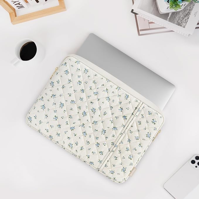MOSISO 13-13.3 inch Laptop Case, 13.3 inch Puffy Laptop Sleeve Compatible with MacBook Neo/Air 13.6/Pro 13/Pro 14, HP Dell ASUS Lenovo, Square Quilted Ditsy Floral Vertical Bag&Small Case, Blue