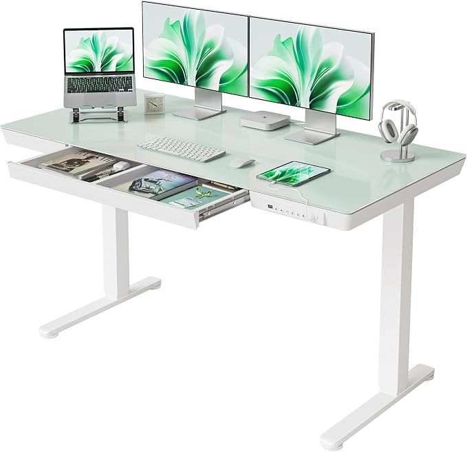FEZIBO 55 × 24 Electric Standing Desk with Drawers, Whole-Piece Glass Adjustable Height Desk, One-Piece Quick Install Adjustable Sit Stand Desk, White