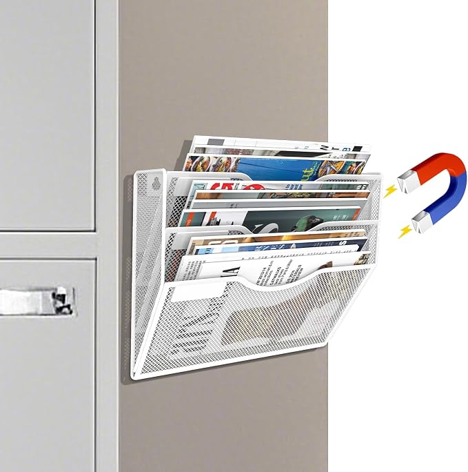 3-Tier Magnetic File Holder, No Drilling Installation File Cabinet Organizer, White Magnetic File Organizer, Magazine Rack, Magnetic Paper Holder for Refrigerator, File Cabinets,White