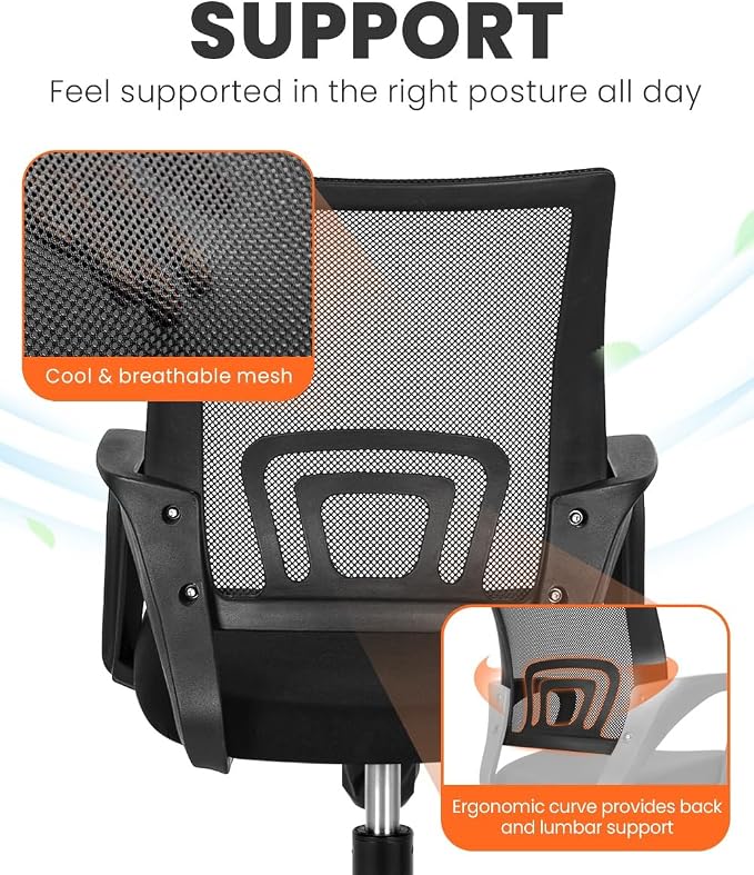 NEO CHAIR Office Desk Computer Chair Ergonomic Mesh Gaming Cushion Seat with Comfy Lumbar Mid Back Support Adjustable Height Swivel Rolling Wheels for Home Task (2 pk - Black)