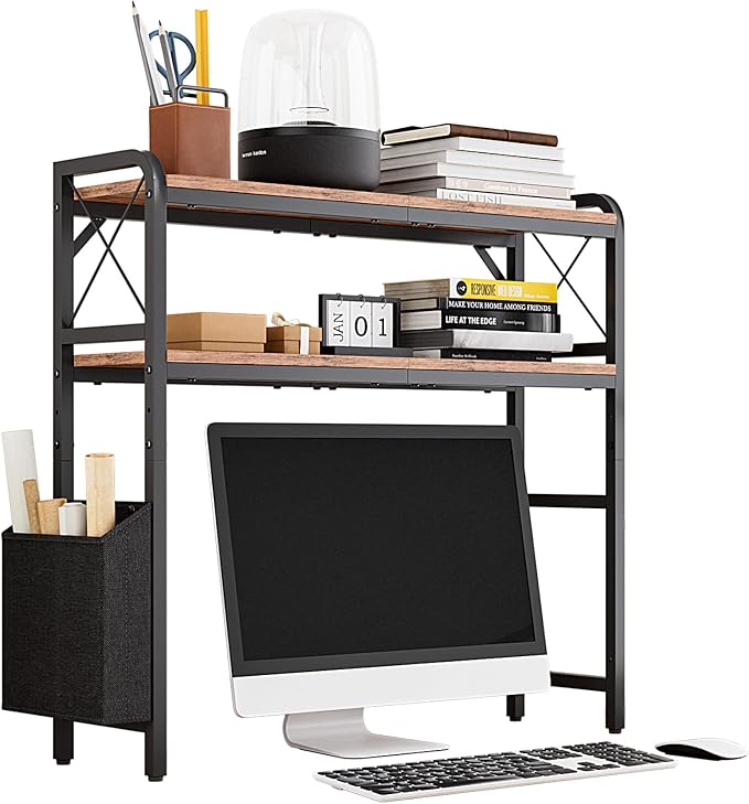 Desk Hutch Dorm with Adjustable Shelves and Side Pockets | 2-Tier Desktop Bookshelf Organizer, Monitor Stand, Large-Capacity Display Shelf Rack for Home Office or Study, Rustic Brown