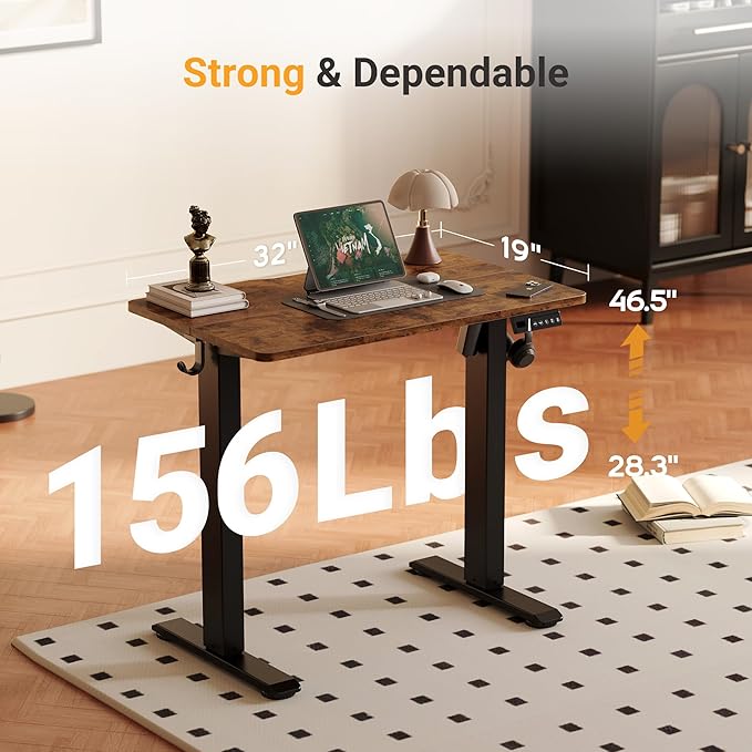 YDN Electric Standing Desk, 32x19 Inch, Rustic Brown | 3 Memory Presets, Cable Management, Adjustable Height, Sit Stand, Space-Saving, Computer Workstation, Home Office