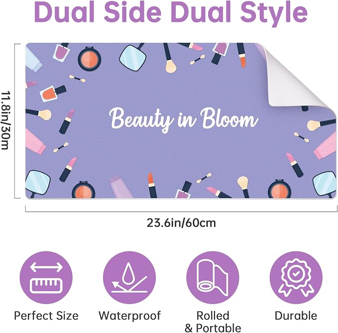 Dual-Sided Waterproof Synthetic Leather Makeup Mat for Desk, Makeup Station, Crafts, Multi-Use Scratch & Stain Resistant Surface Protector Pad for Vanity, Desktop, Craft Table (Purple Cartoon)