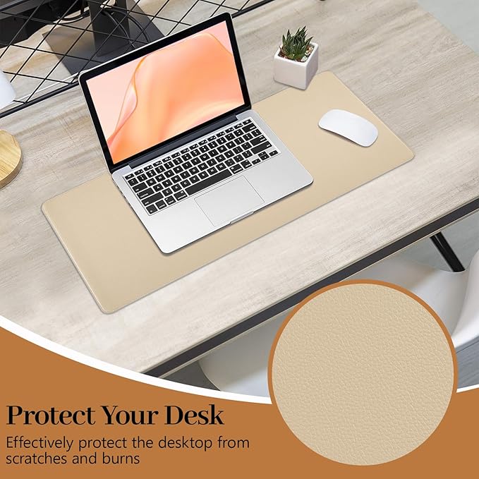 Leather Desk Pad, Desk Matt for Desktop, Non-Slip Keyboard and Mouse Pad, Waterproof Computer Desk Protector Mat, Beige Desk Accessories for Women, 23.6"x13.7"