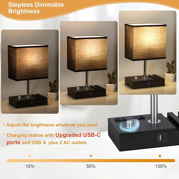 Kakanuo Table Lamp for Bedroom with Dual USB Ports, Fully Dimmable Black Bedside Lamp with Phone Stands and 2 Charging Outlets, Desk Lamp for Nightstand and Living Room, LED Bulb Included