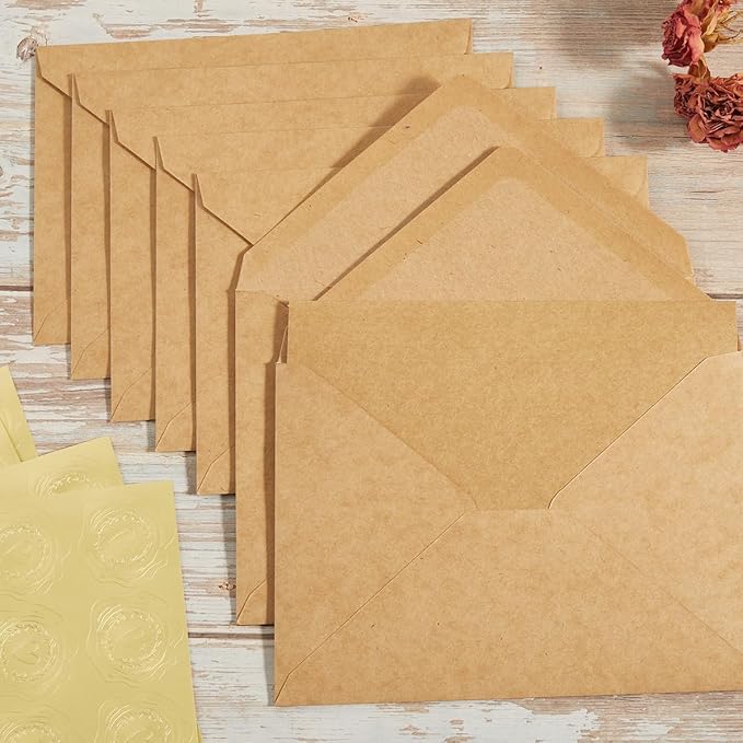 50 Pack Kraft Paper A7 Envelopes with Cards and Gold Stickers, 5x7 | With Thick Folded Cardstock, For Greeting Cards, Wedding, Birthday, Invitations, Baby Showers