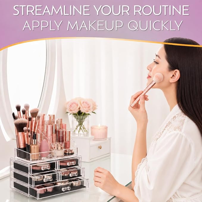 Brookstone Makeup Organizer Countertop, Cosmetic Display Case, Acrylic Makeup Storage for Vanity, Clear Make-up Organizer for Vanity, Accessories Holder with Drawers