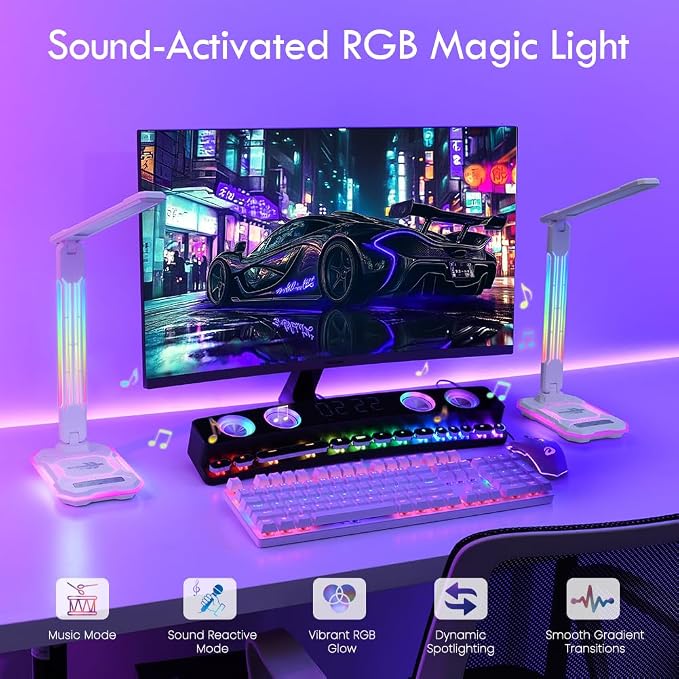 WILIT Desk Lamp for College Dorm Room, RGB Gaming Desk Light with Wireless Charging & USB Port, Gamer lamp Sound Reactive,3 Color Modes 5 Brightness,Reading Lamp Touch Control for Home Office,Study