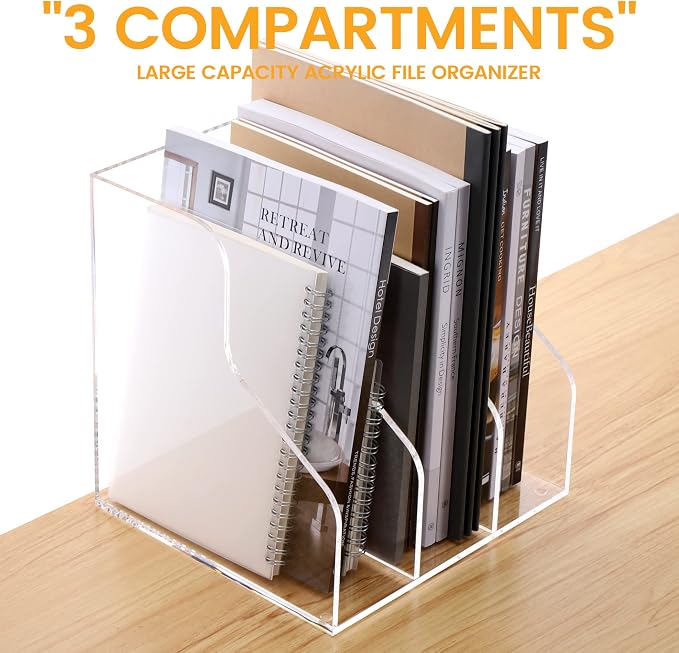 HeZone Desk File Organizer, Acrylic Magazine File Holder with 3 Vertical Compartments Rack File Sorter for Office Home Classroom Desk Organization, Clear…