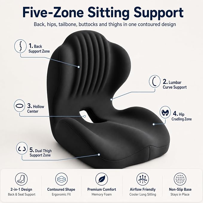 2-in-1 Ergonomic Seat Cushion with Lumbar Support, L-Shaped Memory Foam Chair Cushion with Hollow Center, Five-Zone Sitting Support for Office Chair, Car, Truck, Gaming, Wheelchair, Long Sitting