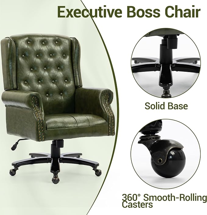 Vintage High Back Wingback Executive Office Chair, Green | Home Desk Chairs with Tufted Nailhead Trim & PU Faux Leather, Heavy Duty Adjustable Rocking Computer Chair for Gaming