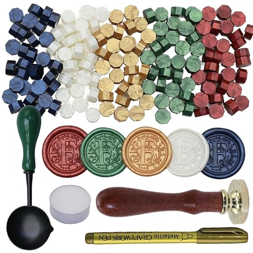 Initial Alphabet Wax Seal Stamp Kit, Retro Letter F Sealing Stamp with 150Pcs Sealing Wax Beads Spoon Pen Set for Wedding Invitations Cards Envelopes (F)
