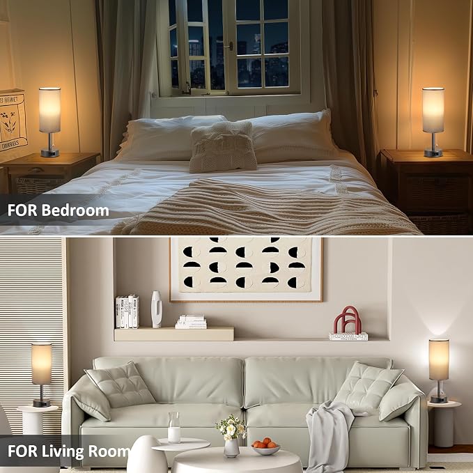 Fenmzee Dark Grey Bedside Table Lamps Set of 2-3 Color Temperatures Pull Chain Lamp with AC Outlet Charging Port, Small Round Night Stand Lamps for Bedroom, Bed Side Light with E26 LED Bulbs