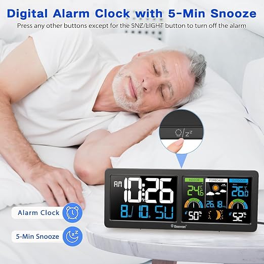 Geevon Weather Stations Wireless Indoor Outdoor Thermometer with Alarm Clock, HD Color Display Digital Temperature Humidity Monitor with Barometer, Comfort Indicator, and Adjustable Backlight