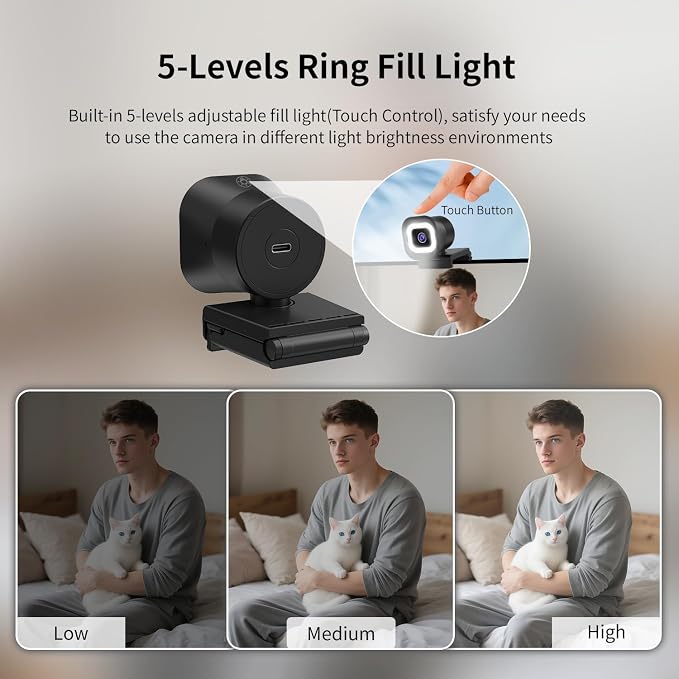 TOALLIN 4K Webcam with Ring Light, Remote Control, PDAF Autofocus, 1/2.5" Sensor & 12MP, Built-in Dual Mics, 5X Digital Zoom and Image Mirroring, Web Camera for Live-Streaming/Meetings/Video Calls