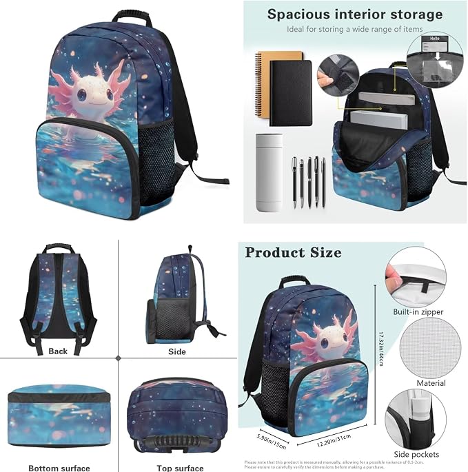 Ystardream Kids School Backpack with Lunch Box Aesthetic Axolotl Backpack for Girls Elementary School Large Rucksack Daypack with Pencil Case,Water Bottle Sleeve 4 Piece School Supplies for Boys Girls