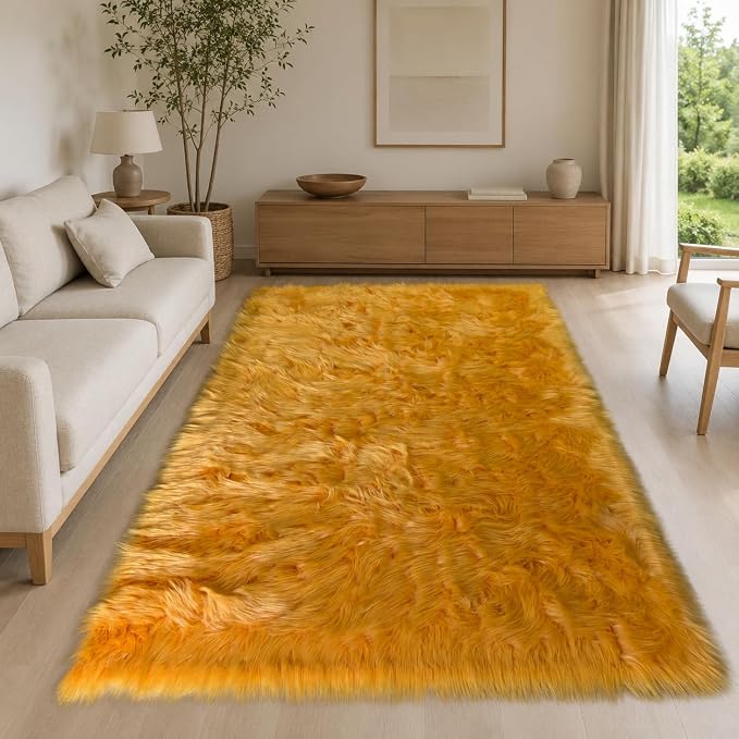 EasyJoy Faux Sheepskin Rug, Fluffy Faux Fur Rug, Ultra Soft Shag Area Rug with Non-Slip Backing for Bedroom, Living Room, Nursery, Kids Room(4 x 6 ft Rectangle, Golden Yellow)