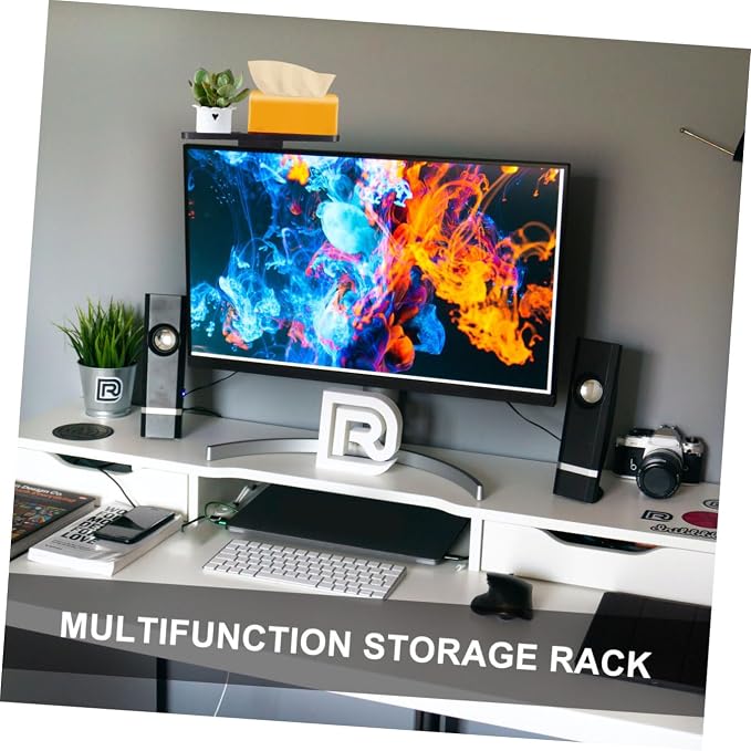 Healifty Desktop Storage Organizer Shelf for Flat Screen Tvs Monitors Space Saving Display Stand for Media Devices for Frames Plants and Speakers