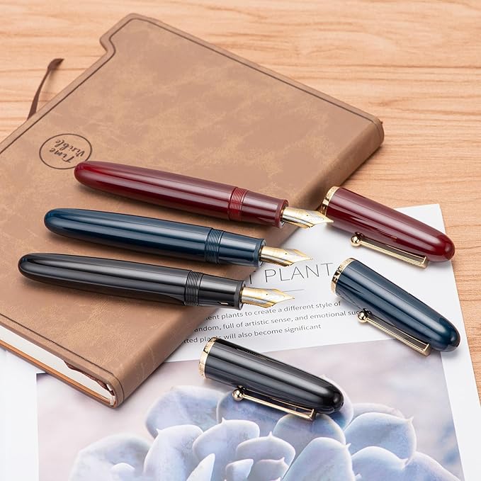 Jinhao 9019 DaDao Series Fountain Pen, Size 8 Medium Nib with Large Ink Converter, Dark Blue Acrylic Design Smooth Writing Pen (Gold Trim)