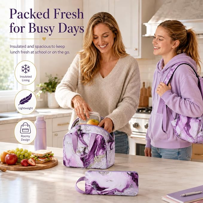Bluboon Teen Girls School Backpack Kids Bookbag Set with Lunch Box Pencil Case Travel Laptop Backpack Casual Daypacks (Purple Marble)