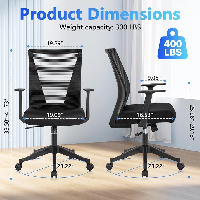 CLATINA Big and Tall Office Chair, Heavy Duty Ergonomic Mesh Computer Desk Chair with Armrests, Adjustable Height Rolling Swivel Mid Back Executive Task Chairs for Home Office Conference, Black, 4Pack