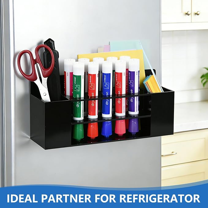 Acrylic Magnetic Dry Erase Marker Holder, 10 Slots Black Magnetic Marker Pen Holder, 2PCS Magnet Storage for Whiteboard, Desk Locker Organizer Accessories, Office, Classroom, Home