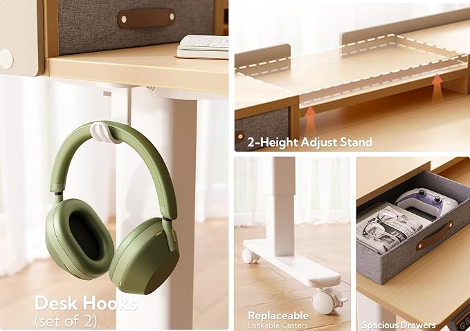 Claiks Standing Desk with Drawers, Adjustable Stand Up Electric Small Standing Desk Adjustable Height with Storage Shelf and Splice Board, 40 Inch, Natural