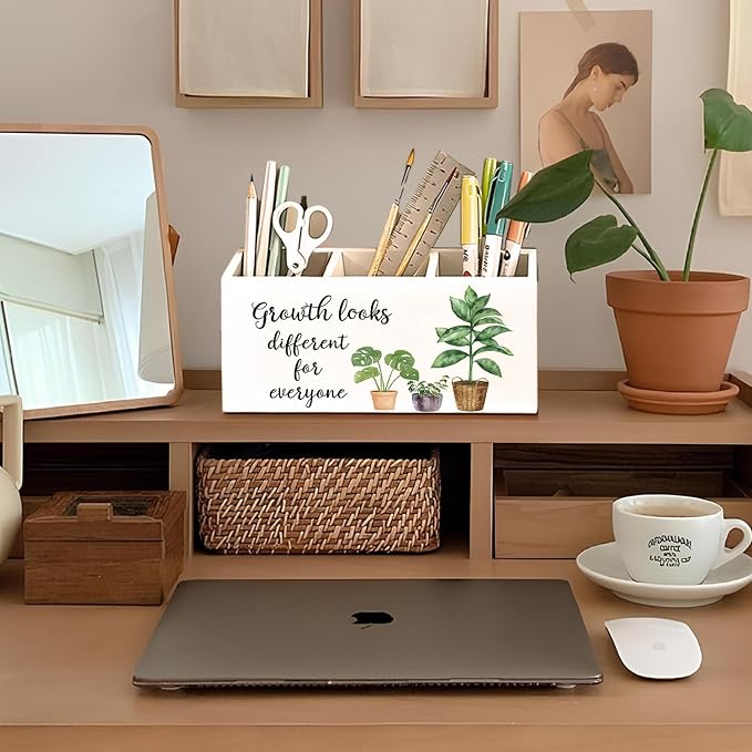 Mental Health Inspirational Pen Holder, Motivational Pencil Holder, Growth Looks Different for Everyone Wooden Box Sign Decorations for Therapy Counselor Office Classroom Desk Tabletop
