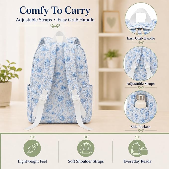 Bluboon Teens Backpack Set Girls School Backpack Lunch Box Pencil Bags Student Bookbags 3 in 1 (Blue Toile Floral 231)