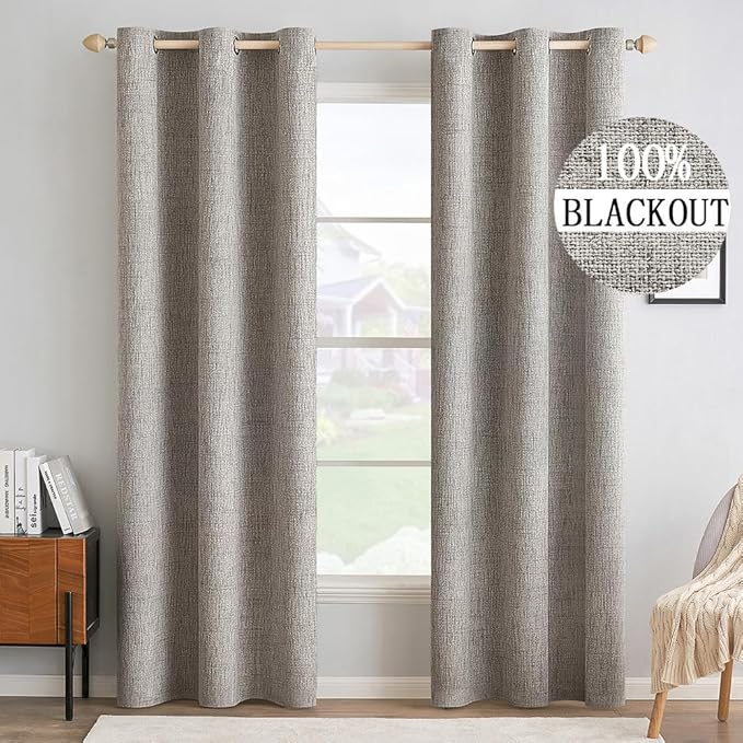 MIULEE 100% Blackout Linen Textured Curtains for Bedroom Solid Thermal Insulated Warm Taupe Grommet Room Darkening Curtains & Drapes Luxury Decor for Living Room 42 x 84 Inch (2 Panels)